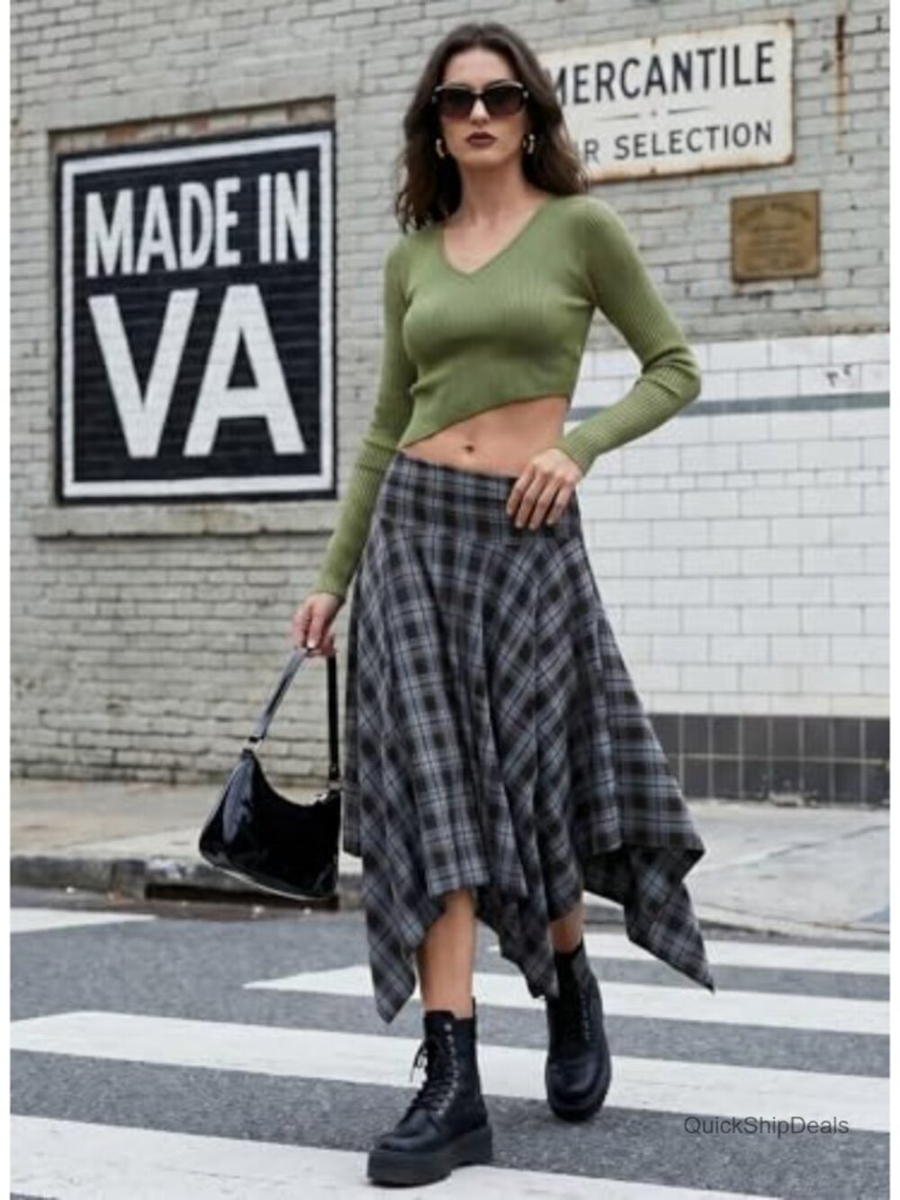 Plaid Midi Skirt Pleated A-Line Y2K Vintage Hanky Hem Flared - Picture 5 of 5
